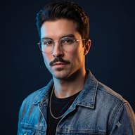 Mustached Man in Denim Jacket Studio Portrait AI Photo Editing Prompt. AI generated digital portrait illustration of a serious man with round wire glasses and a prominent mustache, wearing a denim jacket and silver chain, against a dark background with blue and amber dual lighting.