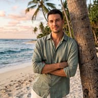 Tropical Beach Male Portrait AI Photo Editing Prompt. AI generated outdoor portrait of a smiling handsome man in a sage green linen shirt leaning against a palm tree on a tropical beach during golden hour.