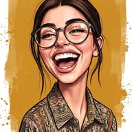 AI Photo Prompt Digital caricature of a smiling young woman with dark hair and circular glasses against a distressed mustard-yellow background.