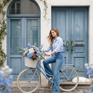 Cinematic Lifestyle Photography AI Photo Editing Prompt. AI generated outdoor portrait with soft lighting of a woman on a vintage blue bicycle with a flower basket.