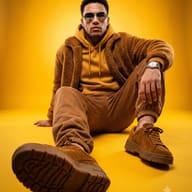 Low Angle Streetwear Fashion AI Photo Editing Prompt. AI generated studio portrait of a man wearing an ochre sherpa jacket and suede sneakers sitting against a yellow background.