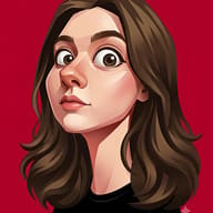 Gemini AI Prompt: Stylized 3D vector portrait of a woman with long wavy brown hair and exaggerated big eyes on a solid red background.