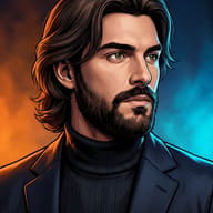 Handsome Bearded Man Digital Art AI Photo Editing Prompt. AI generated digital illustration of a stylish handsome man with wavy hair wearing a black turtleneck and blazer against a smoky blue and orange background.