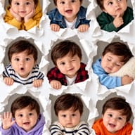AI Prompt: Hyperrealistic 9-grid portrait collage of an adorable baby boy in colorful outfits peeking through torn white paper openings.
