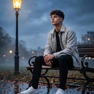 Cinematic Rainy Bench Portrait AI Photo Prompt. AI generated cinematic portrait of a curly-haired young man in a grey jacket sitting thoughtfully on a park bench in the rain under a glowing lamp post.