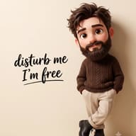 AI Generated Adorable 3D animated portrait of a bearded man in chibi proportions posing comfortably next to a handwritten wall quote.