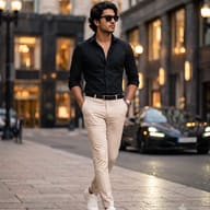 AI generated professional fashion portrait of a man walking in a black shirt and beige chinos on a city sidewalk at dusk.