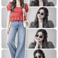 ChatGPT AI generated Editorial collage portrait of a young Asian woman with long wavy hair, showcasing a colorful full-body cutout against four black-and-white studio panels
