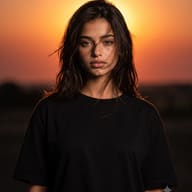 Cinematic sunset female portrait AI Photo Editing Prompt. AI generated portrait of a young woman in a black t-shirt with windblown hair backlit by a glowing sunset.