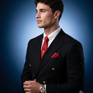 Gemini AI Photo Prompt: Ultra photorealistic side profile photo of a young man with curly hair in a luxury black double-breasted suit and red necktie on a deep blue background.