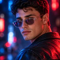 ChatGPT AI Generated High contrast cinematic portrait of a stylish man in a black jacket and sunglasses lit by dramatic red and blue neon studio lighting