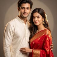 Indian Couple in Traditional Wear AI Photo Editing Prompt. AI generated studio portrait of a smiling man in a cream kurta standing with a woman in a red saree and jasmine hair garland.
