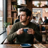 AI generated photorealistic portrait of a young man in an olive green sweater holding a blue coffee cup and looking out a window.