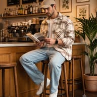 Man Reading Book at Cozy Coffee Shop AI Photo Editing Prompt. AI generated lifestyle photo of a young man in a plaid shirt and cap sitting on a stool reading a book at a rustic coffee shop counter.