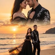 Romantic Couple Sunset Beach Double Exposure AI Photo Editing Prompt. AI generated double exposure art of an elegant couple in black outfits standing on a beach at sunset, with a close-up romantic portrait blended above them.