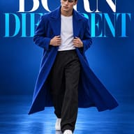 AI prompt: High-end commercial campaign shot of a man wearing a crisp white t-shirt and flowing blue overcoat in a cinematic studio setting.
