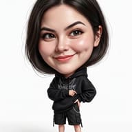 AI Generated Hyper-realistic oversized head caricature photography featuring a confident young woman with short black hair wearing a black hoodie and chain accessories.