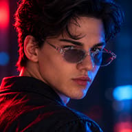 AI Prompt: Premium magazine style neon portrait of a handsome man looking over his shoulder with cinematic blue and red color grading.