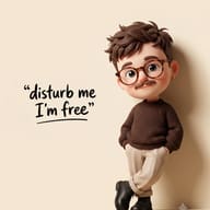 Gemini AI Photo Prompt: High-quality 3D render of an animated guy with round glasses and a textured sweater standing beside a funny wall quote.