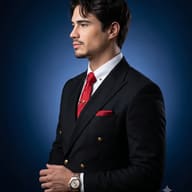 AI Photo Prompt: Cinematic profile portrait of a handsome man with a goatee wearing a black double-breasted suit and red tie against a dark blue background.