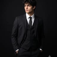AI generated studio portrait of a young man in a black three-piece suit on a dark background."