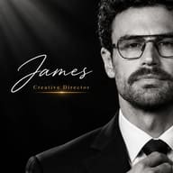 ChatGPT Image Prompt: Black and white luxury corporate portrait of a man in a black suit adjusting his tie, featuring James Creative Director typography under light rays.