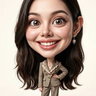 AI Photo Prompt: Editorial big head caricature portrait of a smiling woman posing with a hand on her hip in a tweed blazer and brown trousers.