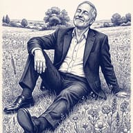Old Businessman in Flower Field Ink Illustration AI Photo Editing Prompt. AI generated ink illustration of a smiling bearded man in a business suit sitting peacefully in a wildflower meadow.