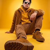 Teddy Jacket Fashion Photography AI Photo Editing Prompt. AI generated portrait of a young man in a brown fleece jacket and sunglasses sitting on a yellow floor.