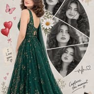 AI Photo Prompt: Minimalist pastel background scrapbook collage focusing on a stunning woman in an emerald green dress and multiple expressive monochrome portraits.