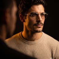 Man with Round Glasses in a Cinematic Portrait AI Photo Editing Prompt. AI generated cinematic studio portrait of a pensive man wearing round, gold-rimmed glasses and a beige knit sweater, looking to the right with a dramatic warm glow, with a blurred silhouette in the immediate left foreground.