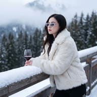 AI Photo Prompt: Luxury après-ski picture of a beautiful woman wearing a white fur jacket and holding a wine glass against a foggy winter forest