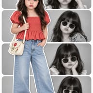 AI Photo Prompt: Fashion catalog collage of a young girl with long dark hair, featuring a sticker-style color cutout overlapping rounded monochrome photo panels.