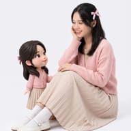 Cute 3D Twin Avatar Portrait Prompt. AI generated studio portrait featuring a real woman sitting on a white floor, smiling at a smaller 3D stylized girl avatar, both wearing matching pink cardigans and pleated beige skirts.