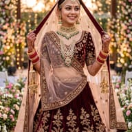 Indian Bride in Maroon Lehenga and Dupatta AI Photo Editing Prompt. AI generated portrait of a young, smiling Indian bride in a rich, gold-embroidered maroon velvet lehenga and sheer dupatta. She has intricate henna and traditional ornaments, against a floral and fairy light background.