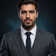 Confident Executive Portrait AI Photo Editing Prompt. AI generated studio portrait of a bearded businessman in a grey three-piece suit and navy tie against a dark teal backdrop.