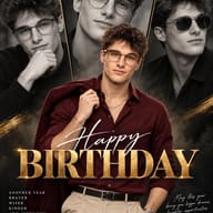 ChatGPT AI Generated Stylish man wearing glasses in a burgundy outfit on a black-and-white collage birthday poster.