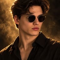 ChatGPT Generated Moody studio portrait of a man wearing round sunglasses and a black button-down shirt illuminated by golden backlight.