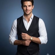 Professional Man in Black Vest and Gold Watch Portrait AI Photo Editing Prompt. AI generated portrait of a handsome man with dark, styled hair and a beard, wearing a white button-up shirt and a black waistcoat, adjusting his cuff with a prominent gold watch against a solid blue background.