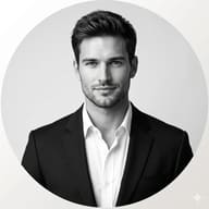 Circular B&W Executive Portrait AI Prompt. AI generated studio portrait of a young executive man in a black suit with a white unbuttoned shirt against a grey background within a circular white frame.