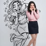 Real Photo and Doodle Art AI Photo Editing Prompt. AI generated mixed media portrait of a winking woman in a pink sweater standing next to a playful black-and-white line illustration.