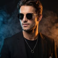 Cinematic Split-Lit Man with Sunglasses AI Portrait AI Photo Editing Prompt. AI generated modern digital portrait of a bearded man with a buzz cut wearing round sunglasses, a black blazer, a t-shirt, and a silver pendant.