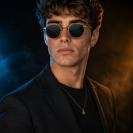 Rugged Mature Male Portrait AI Photo Editing Prompt. ChatGPT AI generated studio portrait of a grey-bearded man with a buzz cut wearing round gold sunglasses and a black blazer against a smoky backdrop.