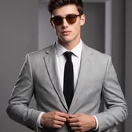 Gemini Photo Prompt: Professional fashion editorial shot of a clean-shaven young man posing elegantly in a light gray suit and black tie.