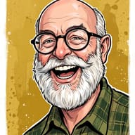 AI Prompt: Exaggerated digital caricature portrait of a laughing older man with a white beard and thick-rimmed glasses on a yellow wash background.