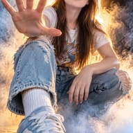 ChatGPT AI Generated Dramatic urban studio photo of a casual young woman kneeling in dense illuminated smoke while stretching her open palm toward the camera.
