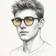 Man with Yellow Glasses Pencil Portrait AI Prompt. AI generated pencil sketch portrait of a young man with wavy hair wearing classic black-framed glasses with yellow-tinted lenses.