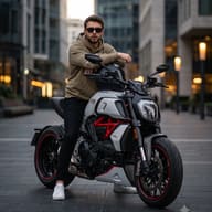 Urban Lifestyle Photography of Man on Ducati AI Photo Prompt. AI generated photorealistic portrait of a stylish bearded man in a beige hoodie and sunglasses sitting on a white and red Ducati motorcycle on a city street.