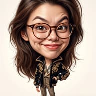 Gemini AI Generated Stylized big head caricature portrait of a smiling woman with glasses and voluminous brown hair posing stylishly in a black and gold jacket.