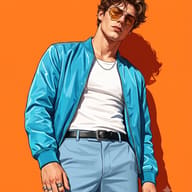 AI Photo Editing Prompt: Hand-painted digital finish portrait of a stylish young man in a blue bomber jacket with realistic clothing folds.